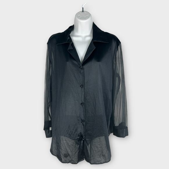 Vintage Black Nylon Button Front Collared Sheer Sleeve Blouse XL Goth Career - Picture 1 of 8